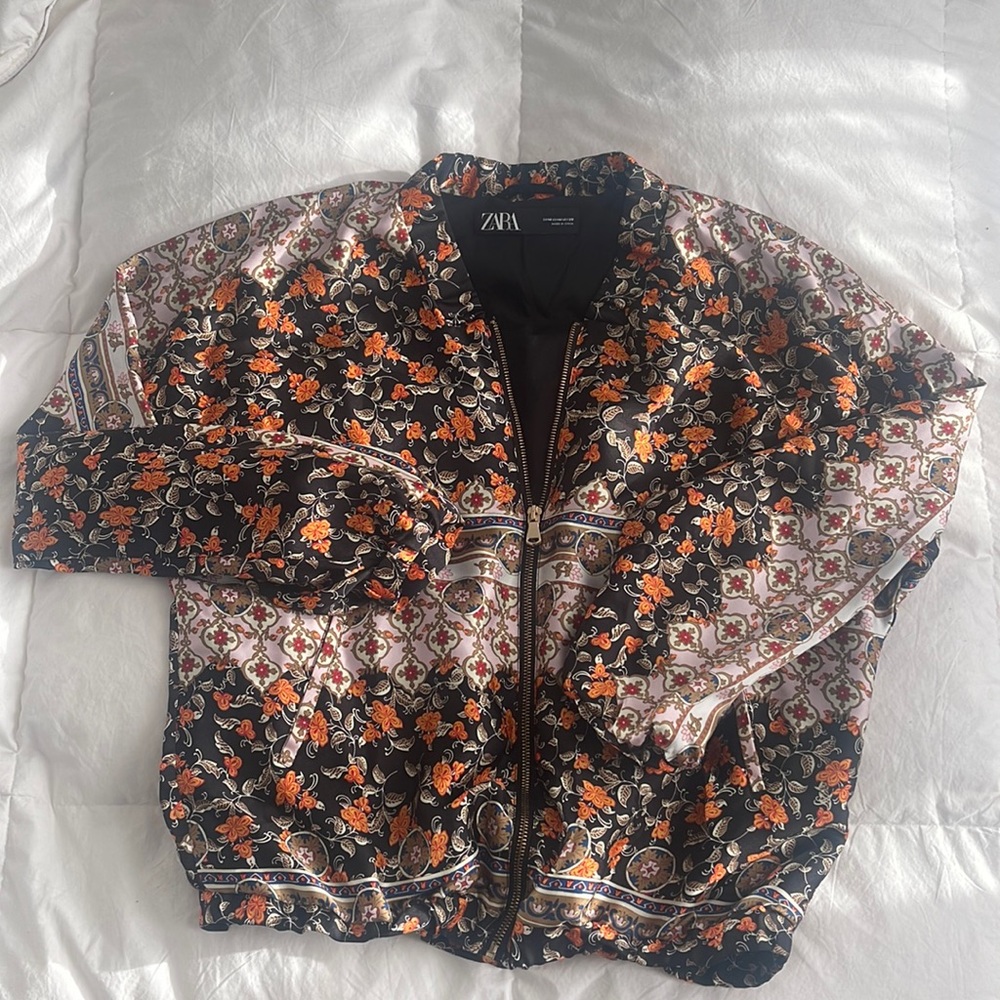 Zara Printed Satin Silk Zip Bomber